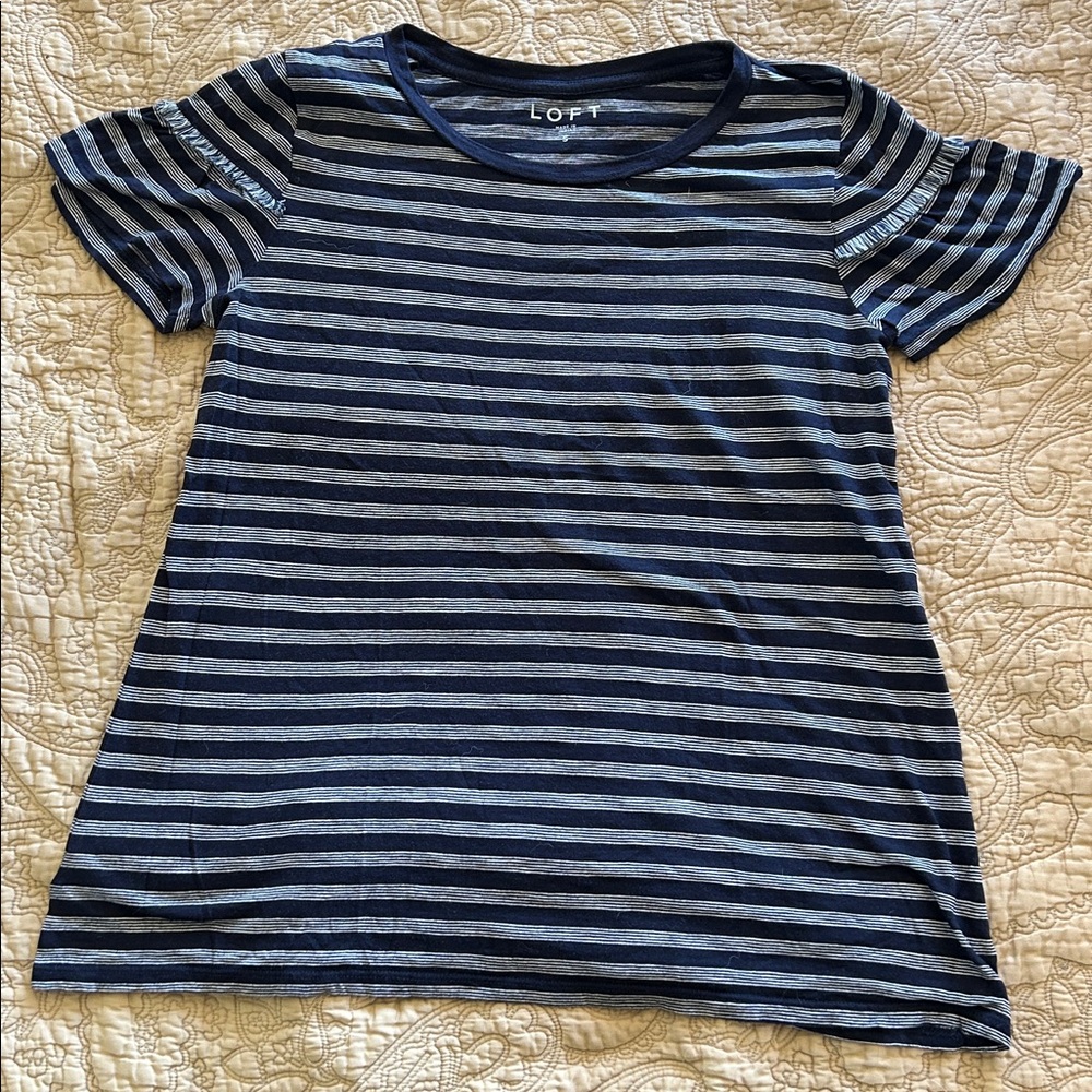 LOFT Blue and White Striped Crew Neck Shirt Sleeve Tee With Sleeve Fringe Accent